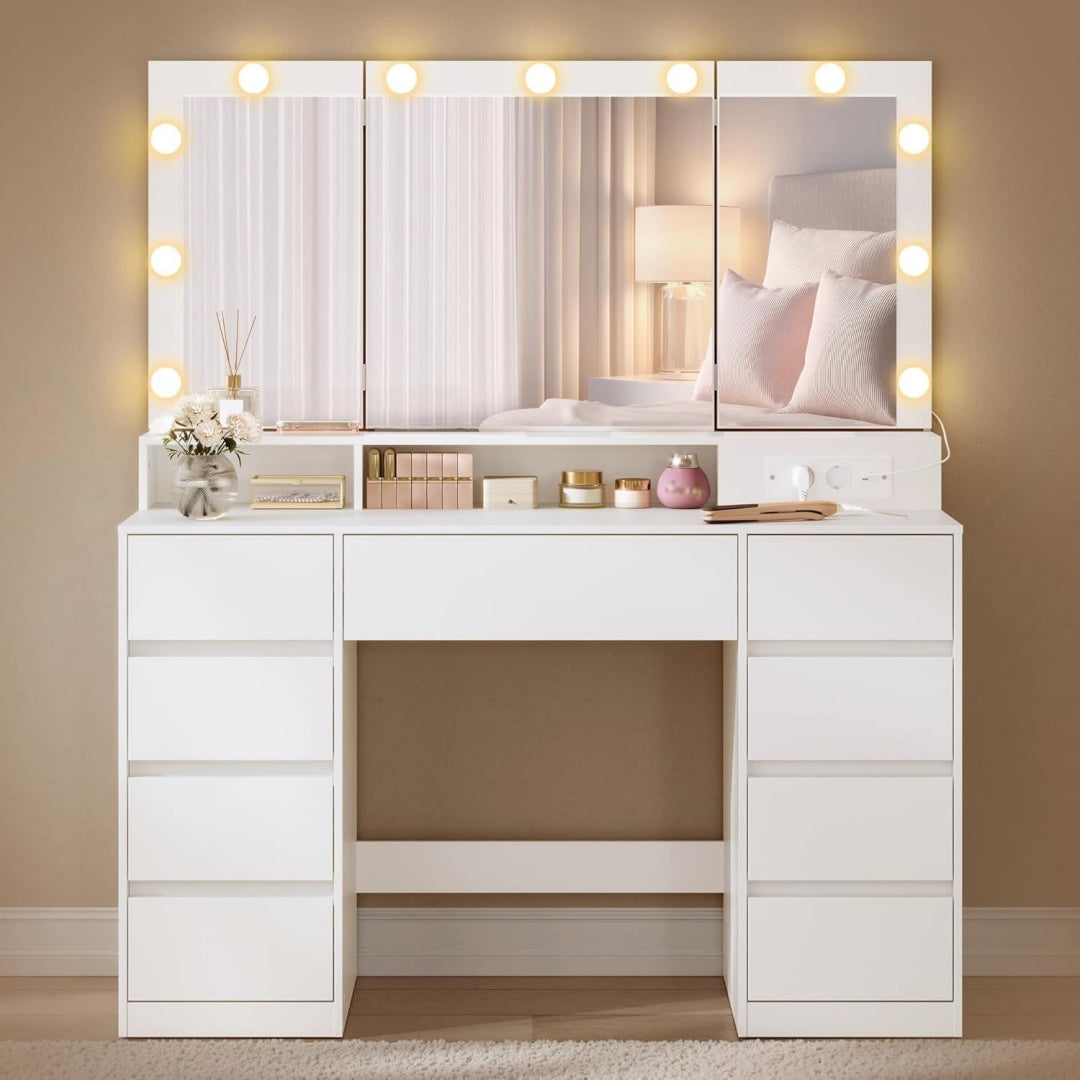 Schminktisch mit Spiegel und LED-Leuchten 9 Schubladen Steckdosenleiste 3-teiliger Spiegel 3 Lichtfarben werkzeuglose Gleitschienen RDT146WB01