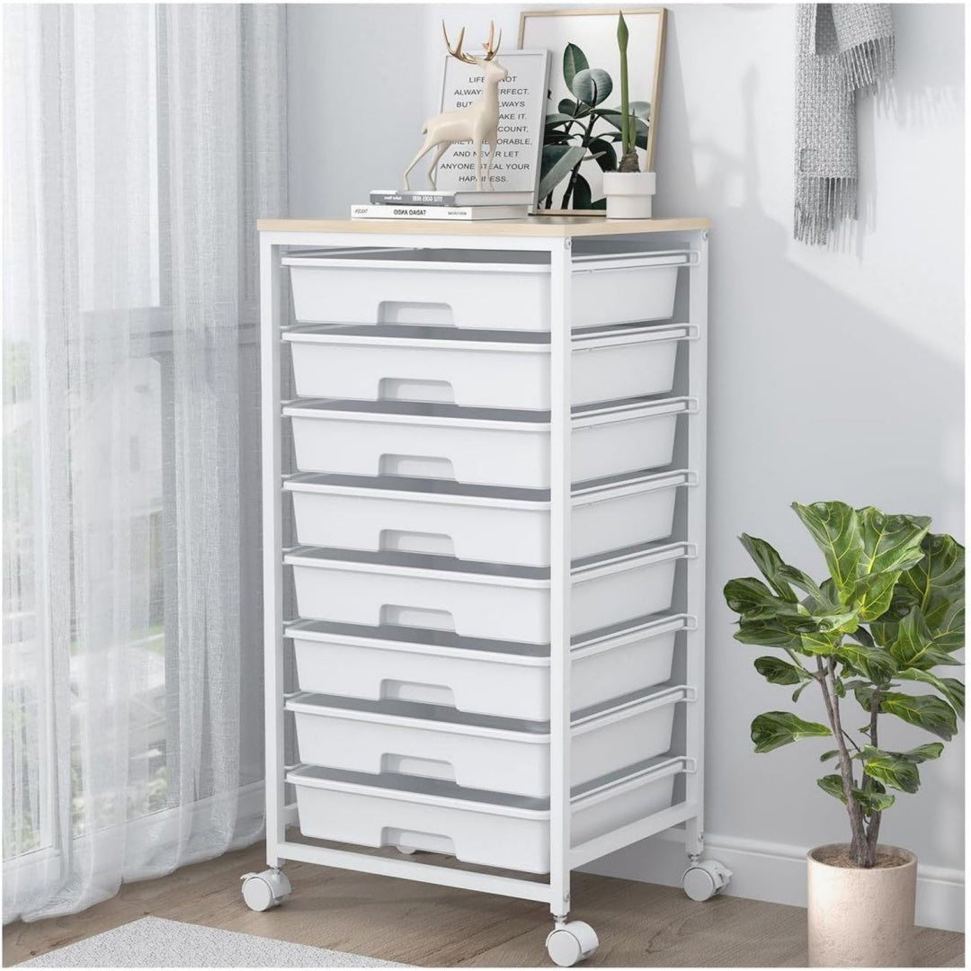 Badrollwagen Rollwagen mit 8 Schubladen Schubladenwagen Weiss Rollcontainer mit Holztischplatte fuer Wohnzimmer Schlafzimmer Buero grosses Fassungsvermoegen Bastelwagen