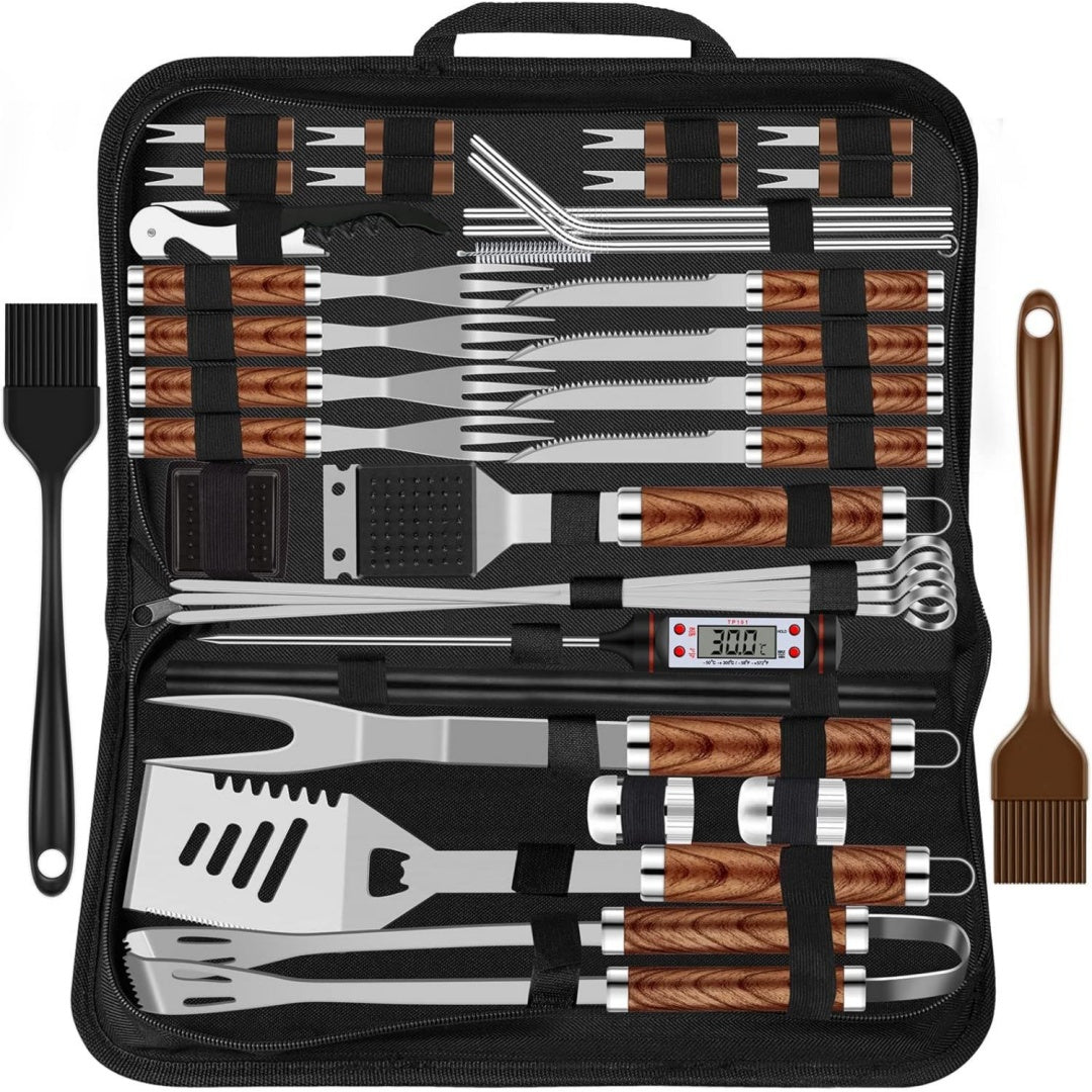38 Stuecke Grill Grillbesteck Set Edelstahl Grillzubehoer fuer Maenner Geschenk Geburtstag Hochwertiger Grillutensilien Set Koffer mit Grillkoffer und Grillmatte fuer Garten und Camping Braun