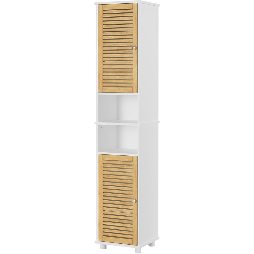 badezimmer hochschrank badzimmerschrank mit 2 offenen faechern und verstellbaren ablagen badschrank mit 2 bambustueren badmoebel fuer wohnzimmer kueche und bad 32 x 30 x 190 cm