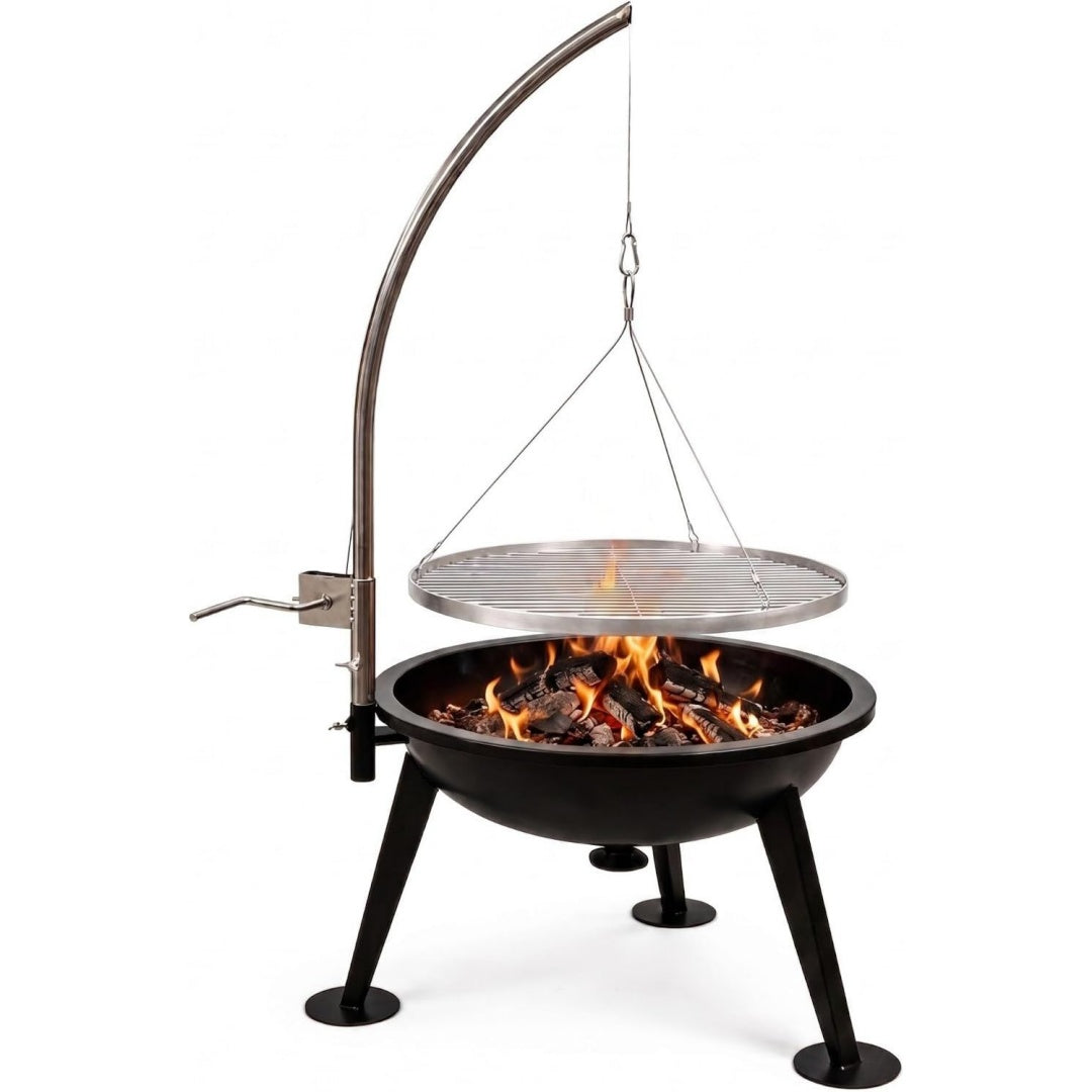 Schwenkgrill Merlin I Feuerschale mit Grillrost inkl wetterfester Abdeckhaube I Robuster Holzkohle Schwenkgrill fuer Garten Outdoor