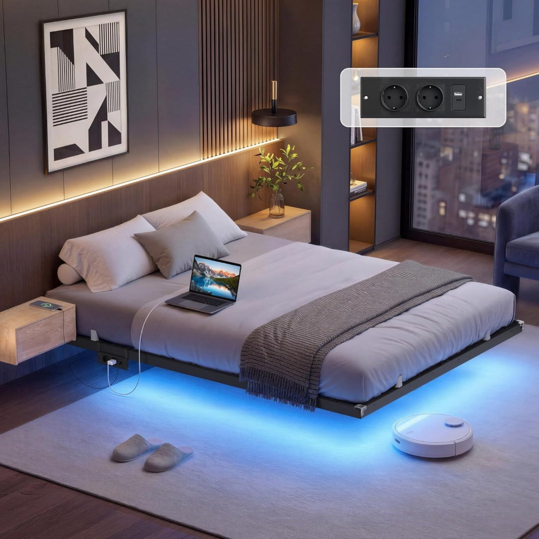 schwebendes bettgestell 140 x 200 cm lichtemittierende diode-beleuchtung tinten-schwarz rmb174b101 abnehmbare steckdosenleiste 2 wechselstrom-steckdosen 1 usb-c-anschluss 2 usb-a-anschluesse traegt bis 500 kg rmb174b101