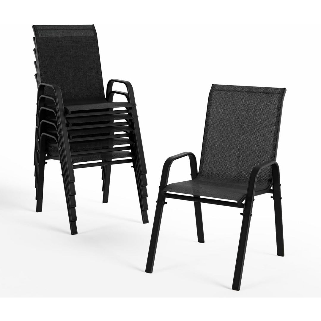Hochlehner Gartenstuehle 6er Set Stapelbar Wetterfeste Terrassenstuehle mit Armlehnen Atmungsaktives Textilene Stahlgestell fuer Garten Balkon Terrasse Poolbereich Schwarz