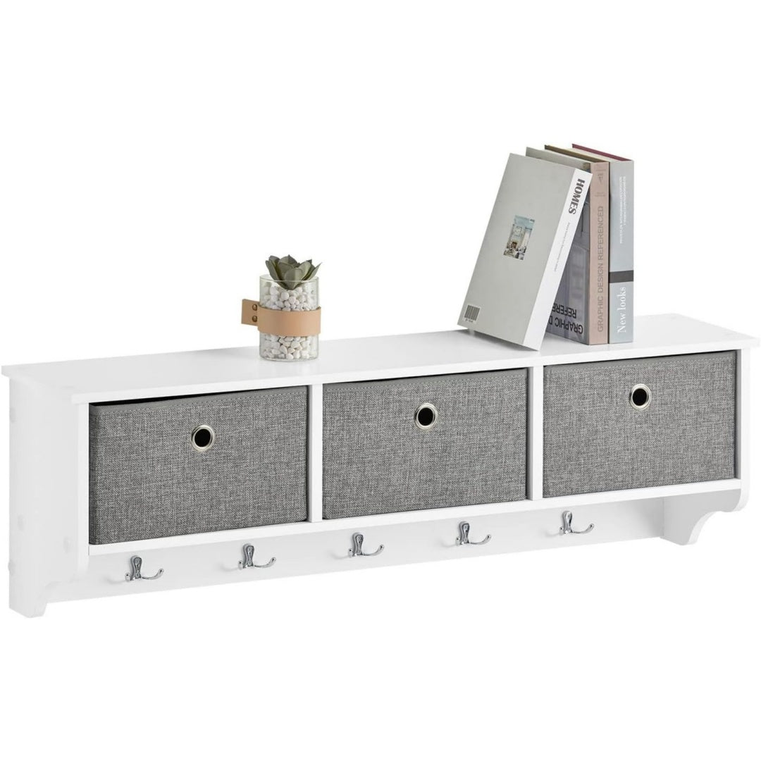 Wandgarderobe mit 3 Koerben 5 Haken 100x31x20cm fuer Flur Flurgarderobe mit 3 faltbaren Vliesboxen und 5 Metallhaken MDF FSC Tragkraft 15kg inkl Wandmontage Weiss FRG282-W