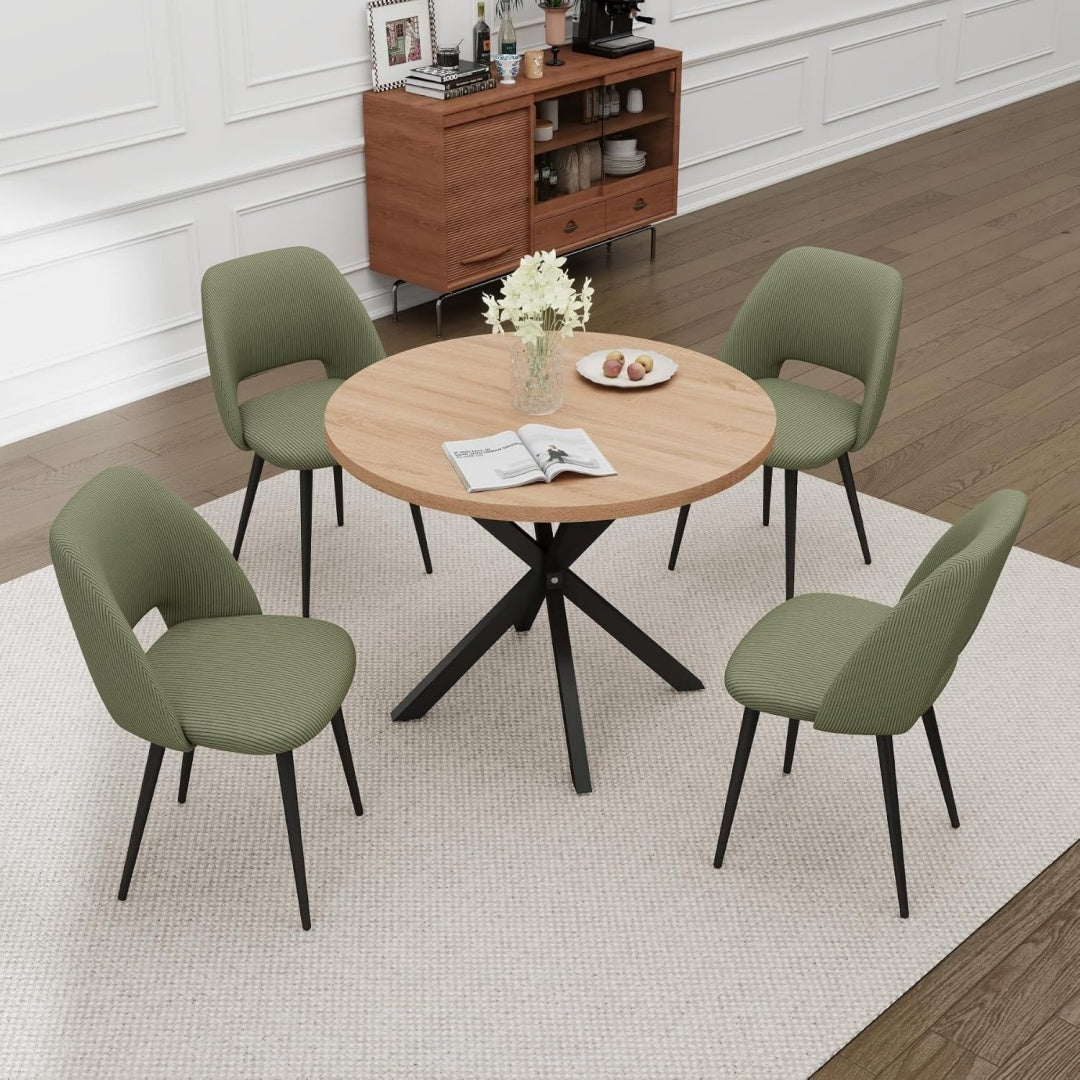 esstisch und stuhlset 100 cm runder mitteldichte faserplatte esstisch 4 gepolsterte kuechenstuehle aus cord mit hohlrueckenlehne fuer esszimmer wohnzimmer kueche helle farbe gruen