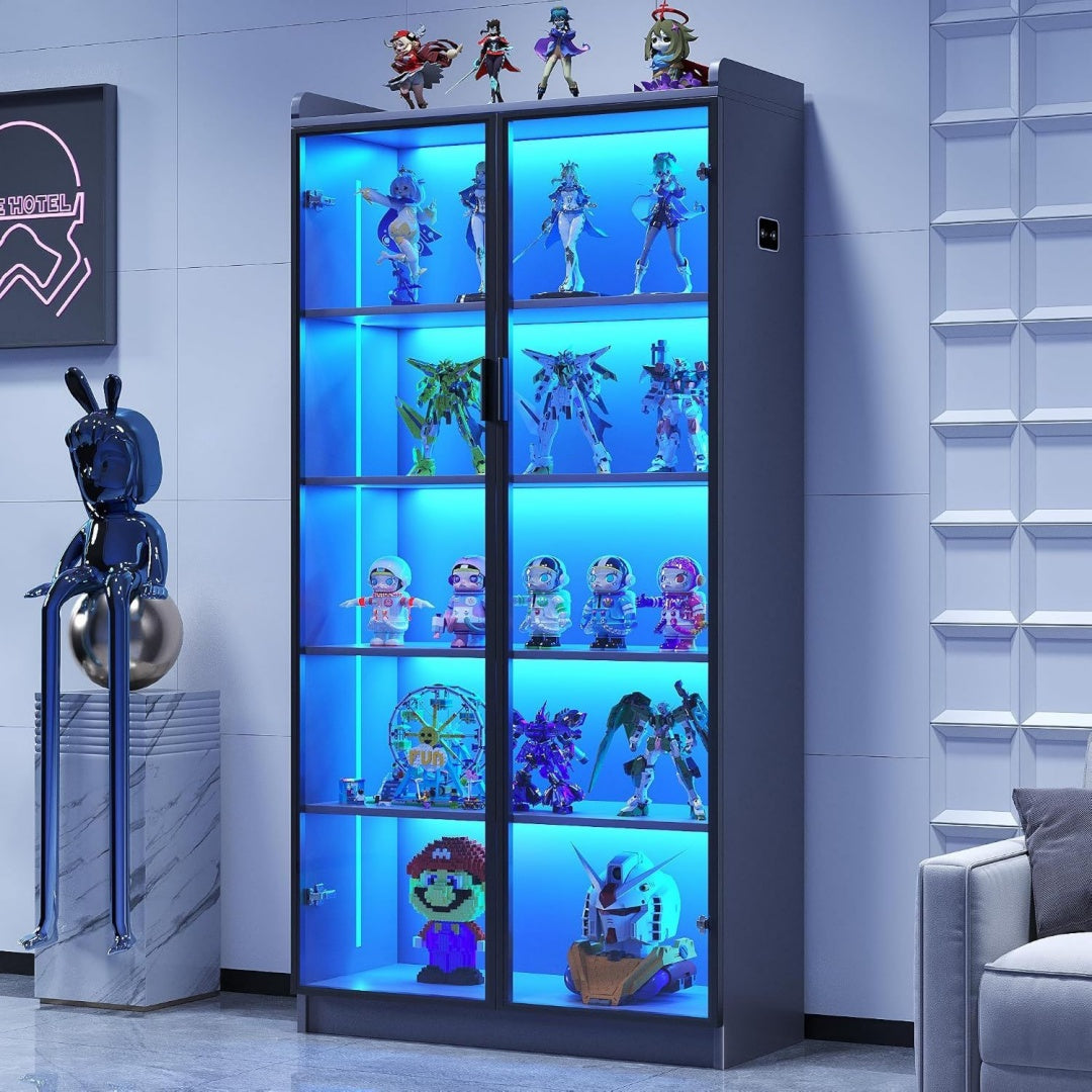 5 etagen vitrine mit lichtemittierende diode beleuchtungintelligente sensorik fuer wohnzimmer vitrinenschrank mit boeden und acryl tuer fuer wohnzimmerschlafzimmer buerostudieschaetzesammlervitrinegrau