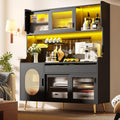 Kuechenschrank mit LED Glastuer Landhausstil Buffetschrank Sideboard fuer Kueche mit Arbeitsplatten Schiebetuer Grosse Schubladen Rattantueren Lochwand Hochschrank Vorratsschrank Schwarz