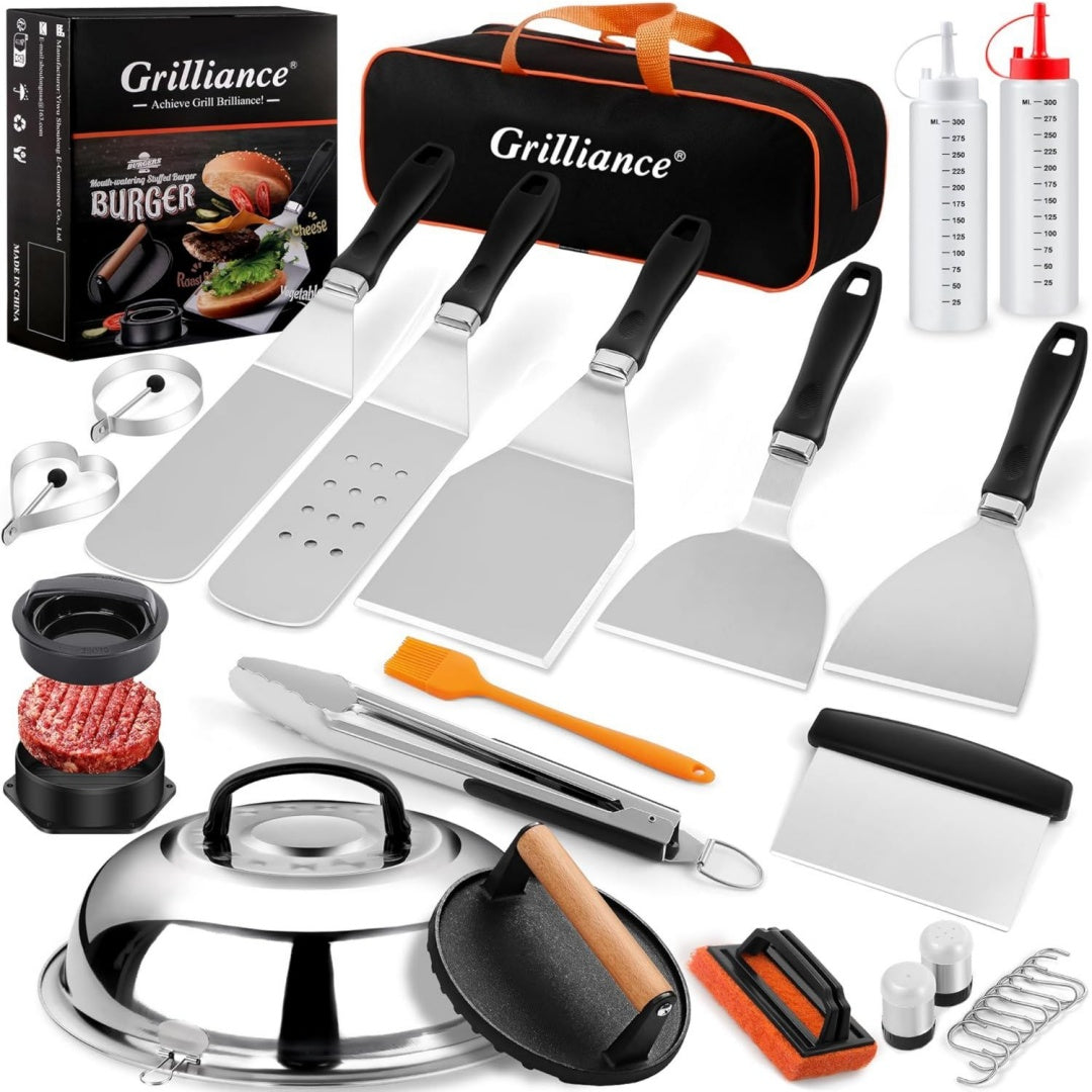 27-TLG Grillspachtel Plancha Zubehoer fuer Maenner Teppanyaki Grill Grillbesteck Set Edelstahl Hibachi Smasher Burger Geschenkset mit Pfannenwender Burgerpresse Patty-Maker fuer Blackstone